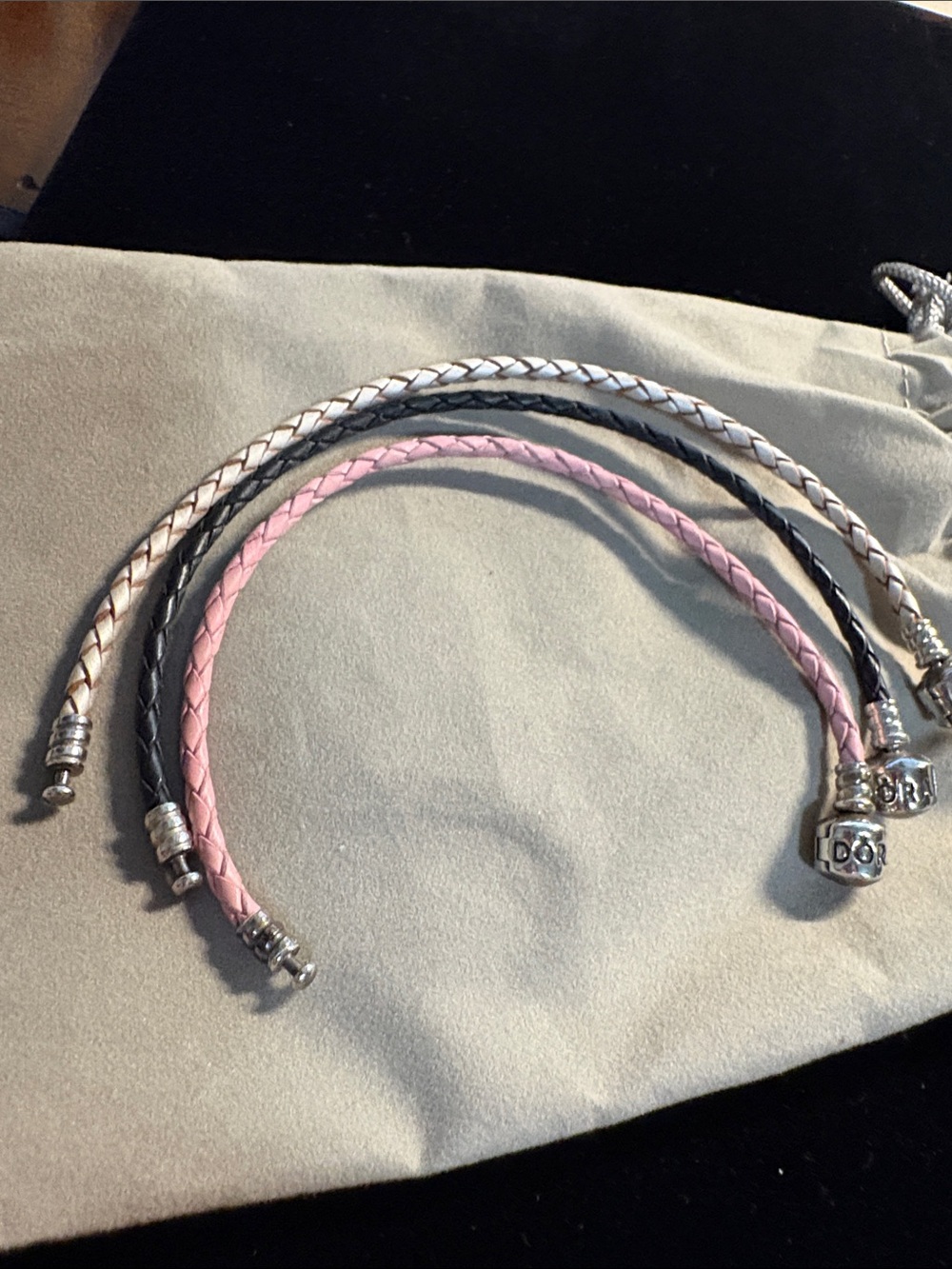 Pandora Braided Leather Bracelets in Pink, Black & Silver with S/S Caps